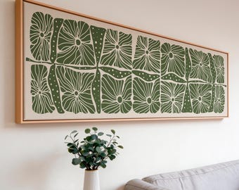 Large Horizontal Earthy Olive Botanical Canvas Print, Green Floral Wide Panoramic Wall Art
