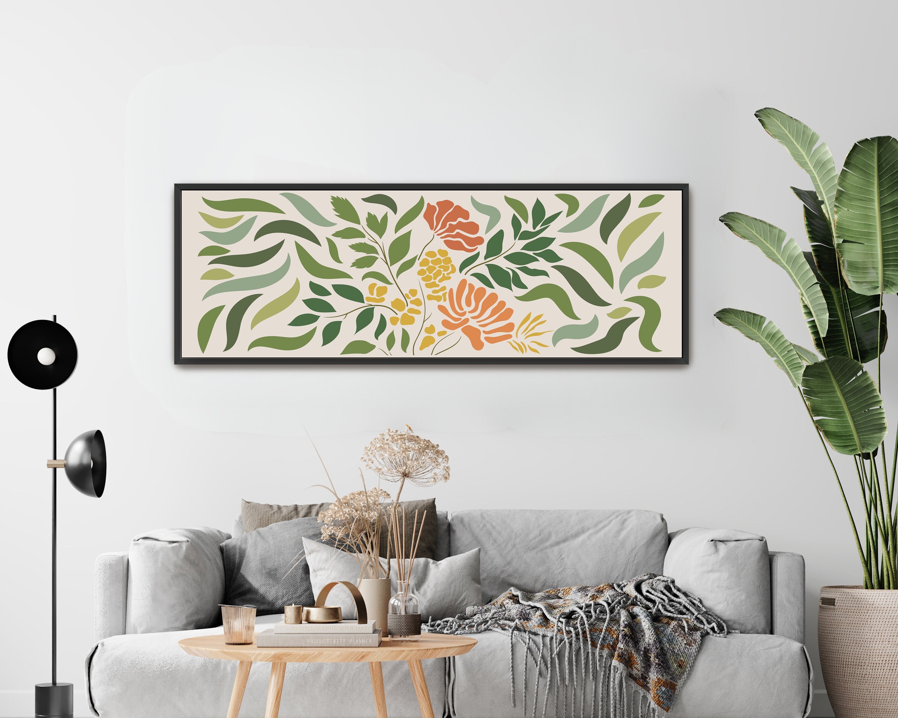 Framed Canvas Art Large Horizontal Art Abstract Botanical Floral Art Earthy Green Wall Art Long Narrow Wall Art Wide Art Matisse Leaf Print