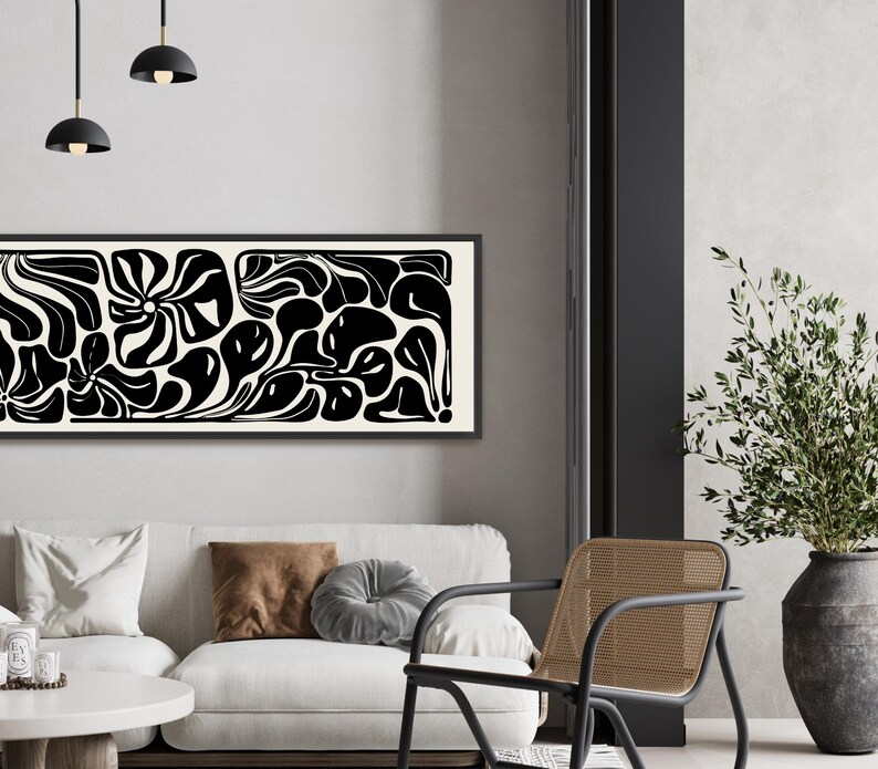 Abstract Botanical Horizontal Canvas Print | Long Matisse Inspired Coastal Wall Art, Neutral Black image 6