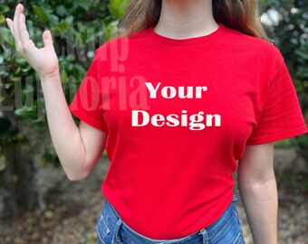Gildan 5000 Red Shirt Mockup, Female Model, Red Shirts, Gildan 5000, Shirt Mockup, Gi5000 Mockup, Red T-shirt Mockup