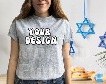 Hanukkah Gildan 5000 Sport Grey Mockup, Winter Holiday Tshirt Mockup, Gildan 5000, Shirt Mockup, Gi5000 Mockup, Sport Grey T-shirt Mockup