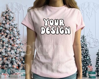 Christmas Gildan 5000 Light Pink Mockup, Winter Holiday Tshirt Mockup, Gildan 5000, Shirt Mockup, Gi5000 Mockup, Light Pink T-shirt Mockup