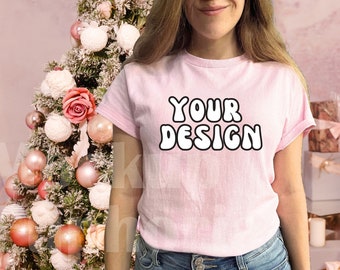 Christmas Gildan 5000 Light Pink Mockup, Winter Holiday Tshirt Mockup, Gildan 5000, Shirt Mockup, Gi5000 Mockup, Light Pink T-shirt Mockup