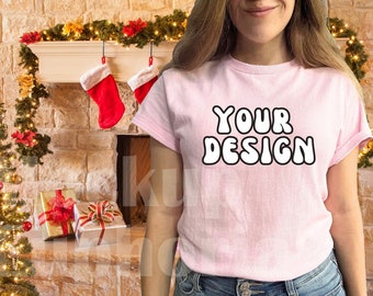 Christmas Gildan 5000 Light Pink Mockup, Winter Holiday Tshirt Mockup, Gildan 5000, Shirt Mockup, Gi5000 Mockup, Light Pink T-shirt Mockup