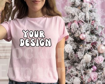 Christmas Gildan 5000 Light Pink Mockup, Winter Holiday Tshirt Mockup, Gildan 5000, Shirt Mockup, Gi5000 Mockup, Light Pink T-shirt Mockup