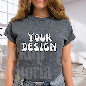 Gildan 5000 Dark Heather Shirt Mockup, Female Model, Dark Heather Shirts, Gildan 5000,  Gi5000 Mockup, Dark Heather T-shirt Mockups