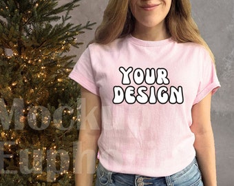 Christmas Gildan 5000 Light Pink Mockup, Winter Holiday Tshirt Mockup, Gildan 5000, Shirt Mockup, Gi5000 Mockup, Light Pink T-shirt Mockup
