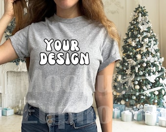 Christmas Gildan 5000 Sport Grey Mockup, Winter Holiday Tshirt Mockup, Gildan 5000, Shirt Mockup, Gi5000 Mockup, Sport Grey T-shirt Mockup