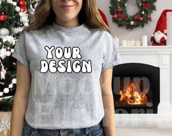 Christmas Gildan 5000 Sport Grey Mockup, Winter Holiday Tshirt Mockup, Gildan 5000, Shirt Mockup, Gi5000 Mockup, Sport Grey T-shirt Mockup