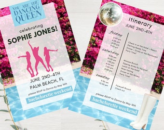 Mamma Mia Bachelorette, Hen Dancing Queen Party Invitation, Itinerary and Inspo, Canva Template, Instant Download, Digital Invite