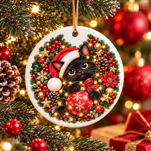 Black Cat Christmas Ornament with Santa Hat, Double-Sided Ceramic