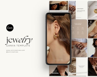Pode incluir: A tela de um telefone mostrando o feed do Instagram de uma marca de joias. O feed apresenta fotos de joias de ouro, incluindo brincos, colares e anéis. O texto na tela inclui "The Eli Collection", "Commitment", "Caring for your pieces", "New Arrivals Just In", "Our Mission", "Simple Clean Modern", e "Pre-order Now".