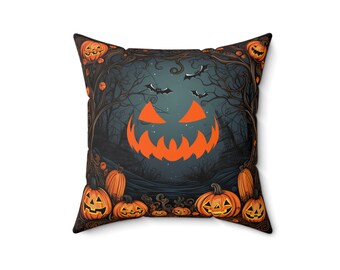 Cuscino quadrato in poliestere a forma di zucca di Halloween con motivo Jack-o&#39;-lantern NUOVO! Decorazione per la casa spettrale nera e arancione