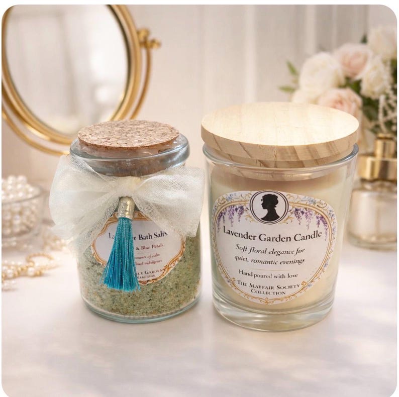 Lavender bath salts and soy wax candle from a luxury spa gift set arranged on an elegant background.