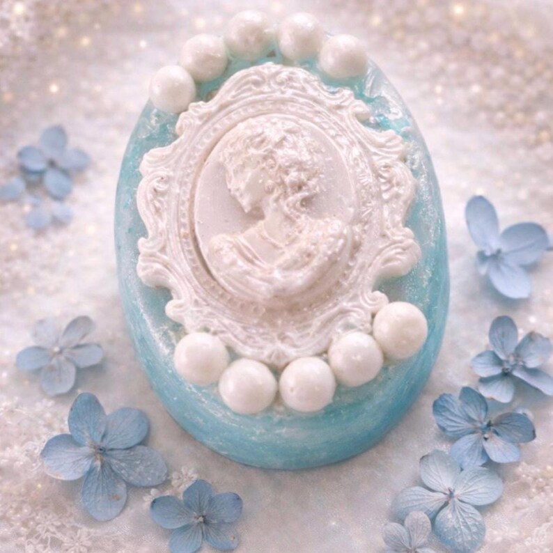 Decorative cameo soap with vintage lady silhouette, Regency inspired handmade soap from luxury spa gift box.