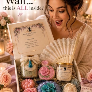Woman with happy surprised expression opening elegant spa gift box with bath bombs, candle and romantic letter, luxury ready to gift set