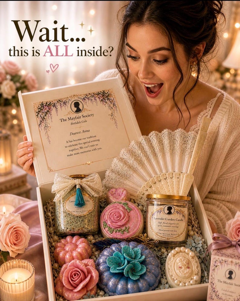 Woman with happy surprised expression opening elegant spa gift box with bath bombs, candle and romantic letter, luxury ready to gift set