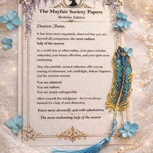 Personalised birthday card from the Mayfair Society included in a Regency inspired spa gift box.