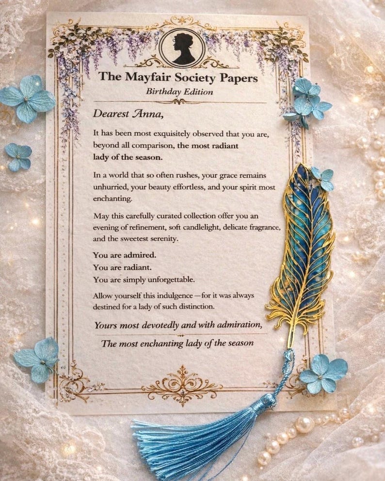 Personalised birthday card from the Mayfair Society included in a Regency inspired spa gift box.