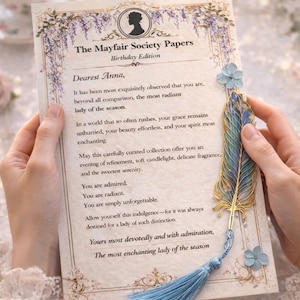 Romantic vintage personalised letter card held in hands with elegant blue feather bookmark, regency inspired gift message insert for luxury spa gift box, feminine aesthetic self care present.