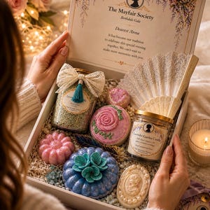 Woman opening luxury vintage spa gift box with bath bombs, candle, bath salts and romantic letter, elegant ready to gift set
