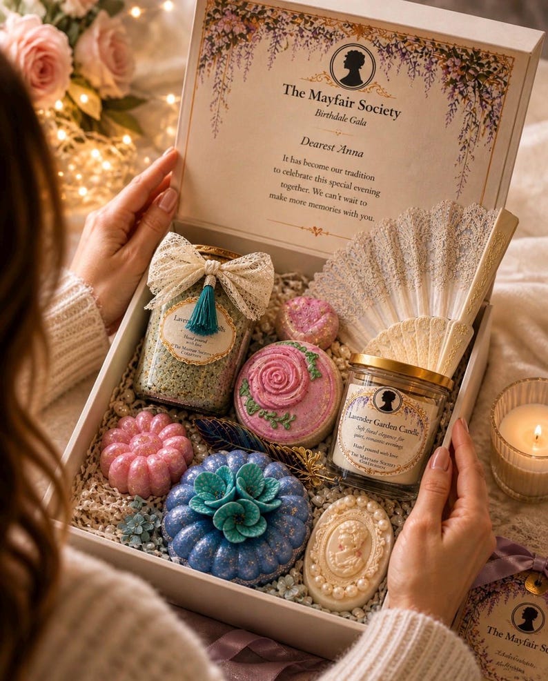 Woman opening luxury vintage spa gift box with bath bombs, candle, bath salts and romantic letter, elegant ready to gift set
