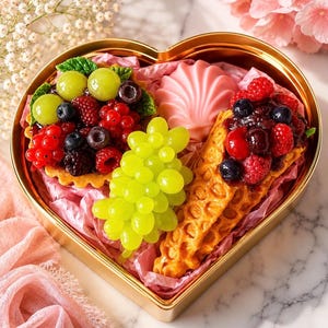 May include: A gold heart-shaped box containing decorative food items. Inside are a fruit tart, a waffle cone with berries, a pink seashell, and green grapes. The box is lined with pink tissue paper. The scene is set against a marble surface.