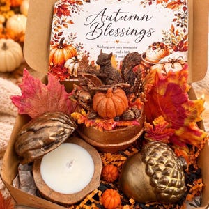 May include: A gift box containing a candle in a bronze-colored walnut shell, a bronze-colored acorn, a squirrel and pumpkin figurine, and artificial autumn leaves. A card inside reads Autumn Blessings, Wishing you cozy moments and a little handmade.