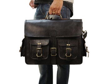 Luxe Noir Leather Briefcase Laptop Messenger Bag