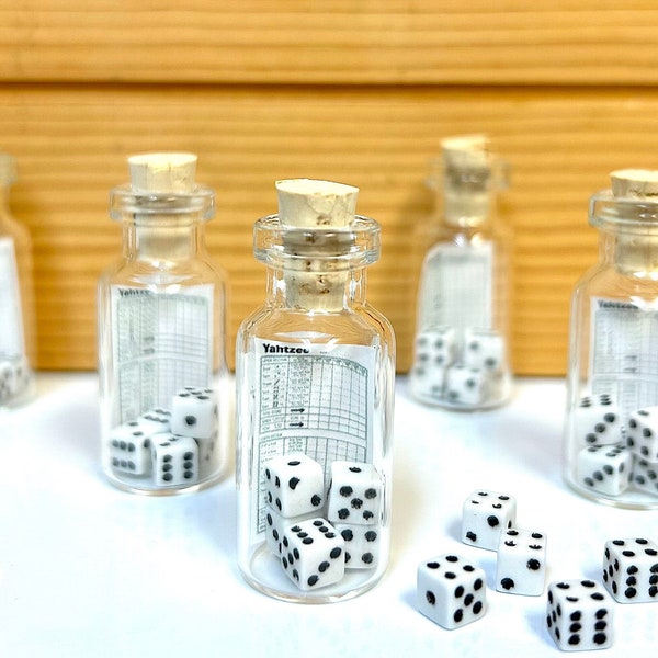 Tiny Bottle with Yahtzee Game Scoresheet and 5 dice, Gift or Keepsake Collectible, Game Lovers, Party Favor