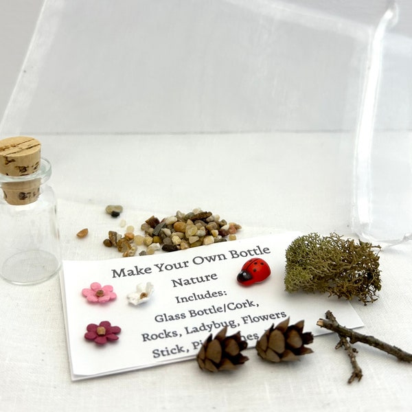 Craft Kit, Party Favor, Glass Tiny Bottle; Nature Themed; Fun DIY Gift; Pine Cones, Sticks, Moss, Rocks, Flowers, Ladybug Sticker; Birthday