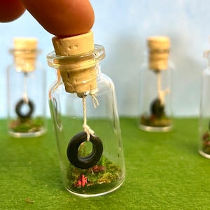 May include: Five small glass bottles with cork stoppers, each containing a miniature tire swing. The bottles are filled with green moss and red glitter. The tire swings are made of black rubber.