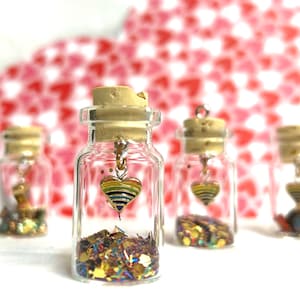 Tiny Bottle with Hanging Rainbow Heart and Glitter, Love Friendship Gift or Keepsake Collectible, Stocking Stuffer, Party Favor, Ornament