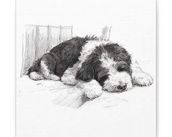 May include: A black and white sketch of a dog lying down. The dog is resting with its head on its paws. The artwork is on a white background and appears to be a canvas print.