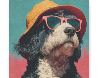 May include: A canvas print featuring a dog wearing a yellow bucket hat and pink sunglasses. The dog has black and white fur and is set against a teal and pink background. The artwork has a vintage, slightly distressed look.