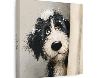 May include: A canvas print featuring a whimsical illustration of a black and white dog with suds on its head. The dog peeks out from behind a neutral-toned surface, with a surprised expression and large brown eyes. The artwork has a soft, painterly style.
