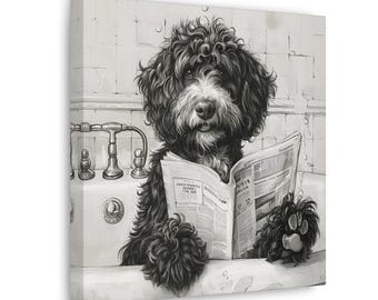May include: A black and white illustration of a dog sitting in a bathtub reading a newspaper. The dog has a curly coat and is wearing a thoughtful expression.