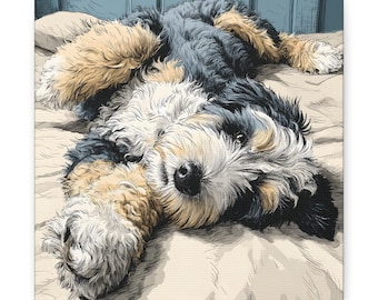 May include: A canvas print of a dog lying on its back, looking directly at the viewer. The dog has a mix of black, tan, and white fur. The background is a light beige, suggesting a bed or blanket.