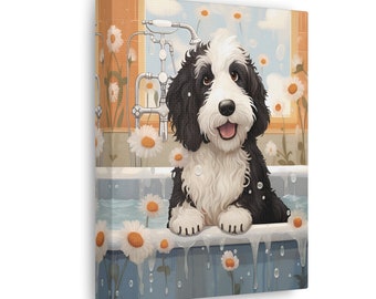 Niedliches Bernedoodle Badezimmer-Wand-Kunst-Wand-Druck Entzückendes Gekritzel-Spa-Tag-Wand-Dekor-Gekritzel-Freude-Spa-Tag Bernedoodle-Badezeit-Leinwandkunst