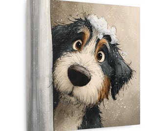May include: A canvas print featuring a cartoon illustration of a Bernese Mountain Dog. The dog has a surprised expression, with large brown eyes and a wet, soapy head. The artwork is set against a neutral background.
