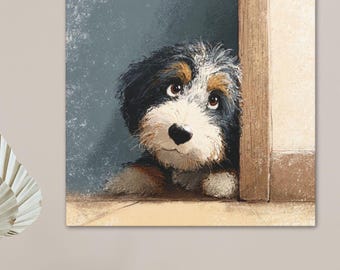 May include: A square canvas print featuring a charming puppy peeking out from behind a wooden frame. The puppy has black, brown, and white fur, with big brown eyes and a sweet expression. The background is a muted blue.