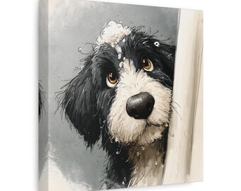 May include: Canvas art print of a black and white dog with brown eyes, covered in soap bubbles, peeking around a white door frame. The dog has a wet nose and is looking up with a sad expression. The background is a light gray.
