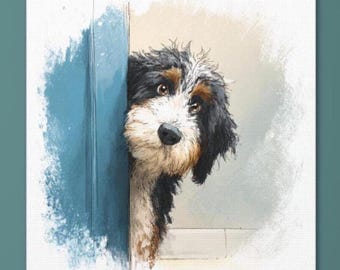 May include: A watercolor painting of a Bernedoodle dog peeking around a blue door frame. The dog has black, white, and brown fur and is looking directly at the viewer. The artwork is on a white canvas.