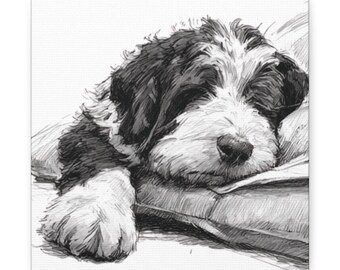 May include: Black and white sketch of a sleeping puppy. The puppy is lying on a pillow, with its head resting on the pillow. The puppy has black and white fur and is in a relaxed pose.