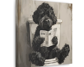 Goldendoodle Hund auf der Toilette, der Zeitung liest, lustiges Badezimmer Kunst, Toilette Humor Tierdruck auf Leinwand, ungerahmt Gekritzel Mama Geschenk
