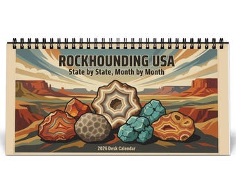 Rockhound Calendar Rock Collector Gift 2026 Desk Calendar Stylized Mineral Art Monthly Grid Crystal Gem Lover Gift USA Geology Desk Planner
