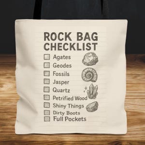 Rock Bag Checklist Tote Bag - Agates, Geodes, Fossils, Quartz, Jasper