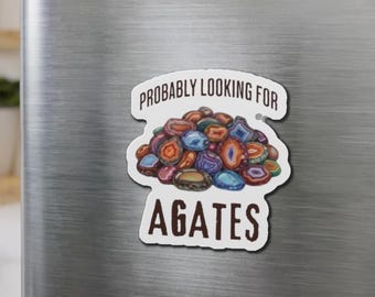 May include: A white sticker with the text "Probably Looking For Agates" over a colourful illustration of agate stones in shades of blue, orange, brown, and purple. The sticker is affixed to a silver refrigerator door.
