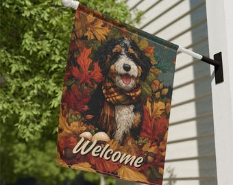 Bandera de bienvenida de otoño de Bernedoodle, pancarta para exteriores, bonita decoración de bienvenida para el patio de la casa, letrero de jardín otoñal, regalo para amantes de los perros, decoración del hogar de temporada.
