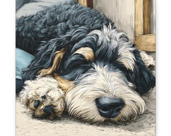 May include: A canvas print of a dog, featuring a detailed illustration of a sleeping dog. The dog has black, white, and tan fur, with a large, black nose and floppy ears. The dog is lying on a light blue pillow.